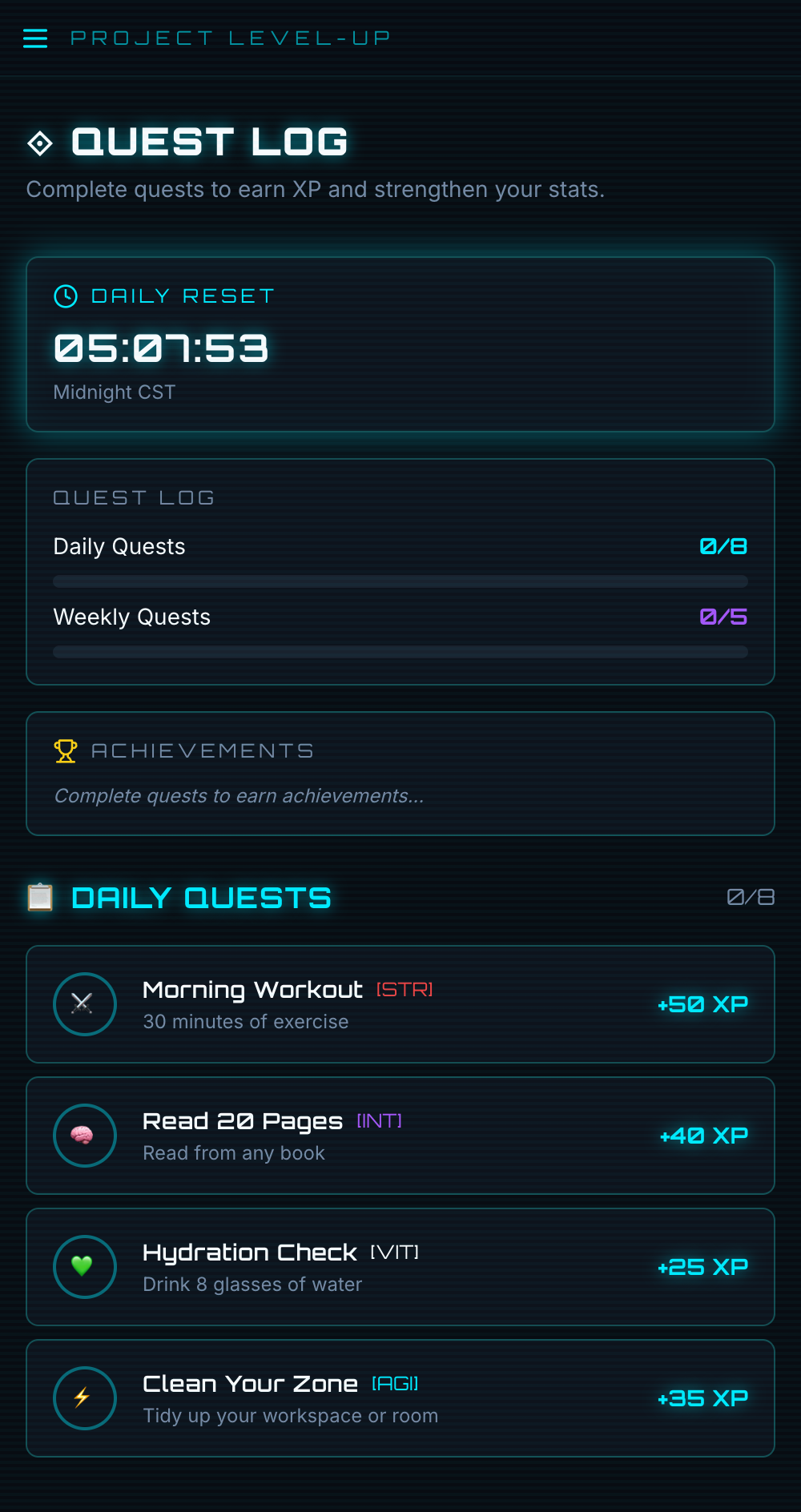 IRL Leveling quest log — daily quests with XP rewards and a reset timer
