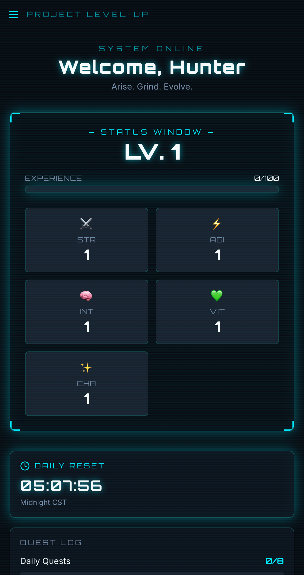 IRL Leveling status screen — hunter profile with level, XP bar and stat cards